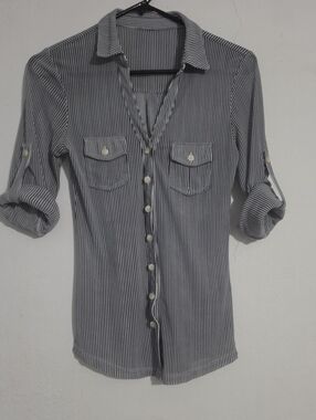 Women’s Navy and White Striped Button-Down Shirt